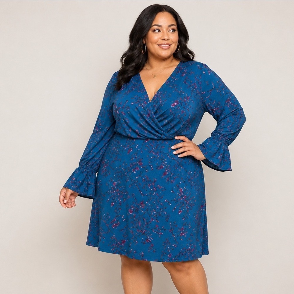 New Blue Floral Surplice Draped Dress Plus 2X Ruffle Sleeve Romantic‎ Coqette